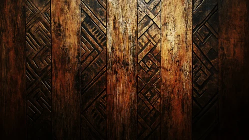 Weathered carved wood planks catch warm directional light