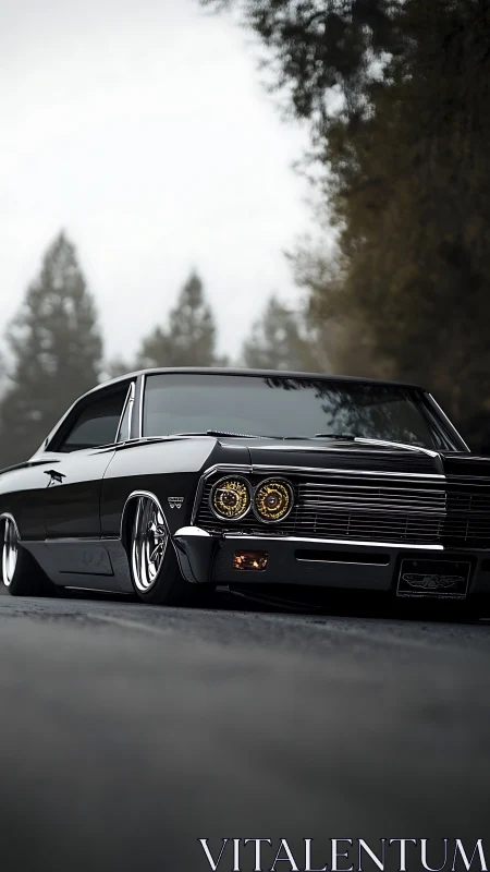 Low-slung black classic muscle car on misty forest road.