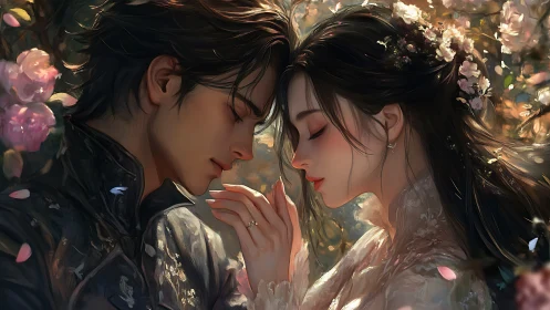 Two souls converge in golden light and blooming devotion