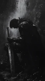 Solitary armored warrior kneeling with sword in darkness.