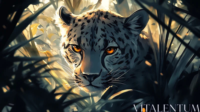 Leopard with Intense Golden Eyes in Sunlit Vegetation