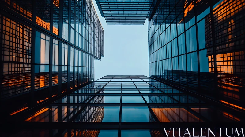 Urban glass skyscrapers form sharp geometric canyon view.