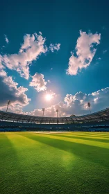 Sunlit cricket stadium field under vivid blue afternoon sky.