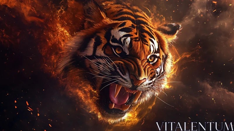 Volumetric fire-wreathed tiger head in hyperreal snarl render.
