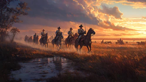 Sunlit riders drifting through misty frontier goldfields.