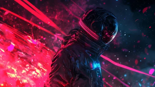 Neon-drenched astral drifter crossing a crimson data storm.