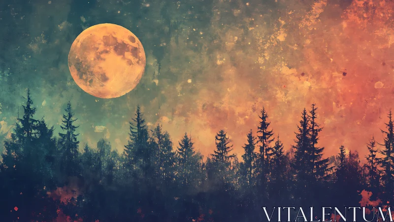 Full moon over silhouetted conifer forest in textured sky.