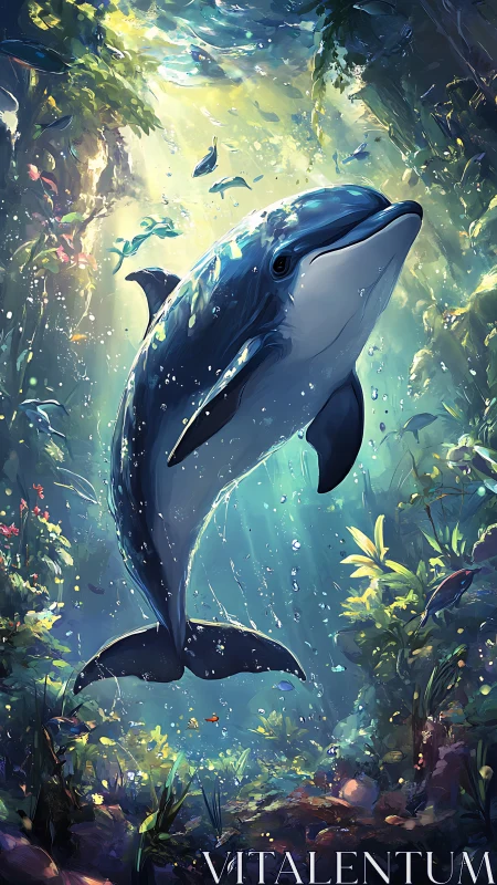 Luminescent dolphin ascending through refracted jungle light