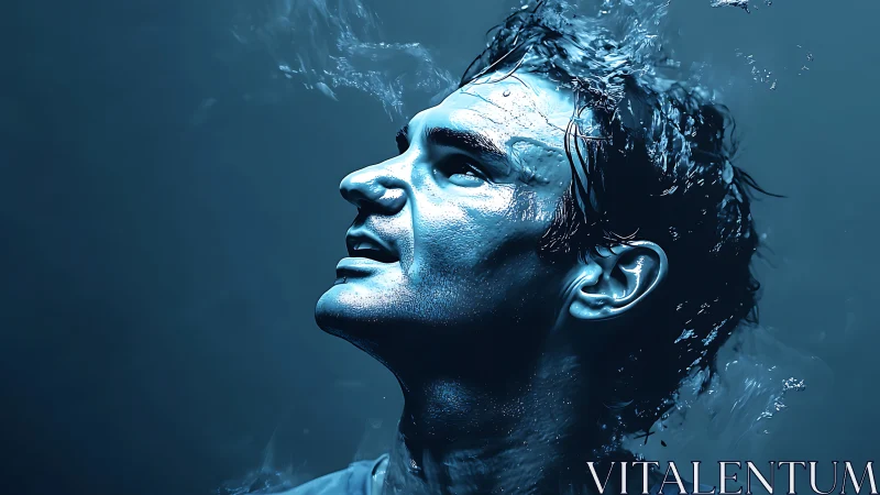 Blue drowned dreamer rises through swirling underwater light.