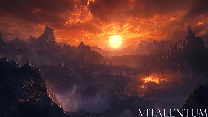 Volcanic valley under intense red sunset sky panorama.