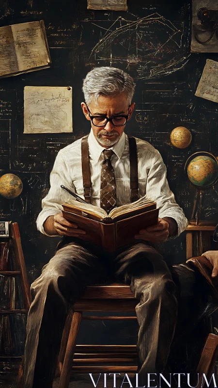 Midnight scholar unravels constellations inside a dusty study.