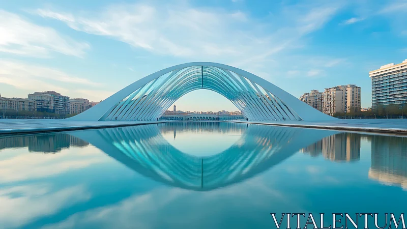 Photorealistic symmetrical arch bridge with reflective water plane.