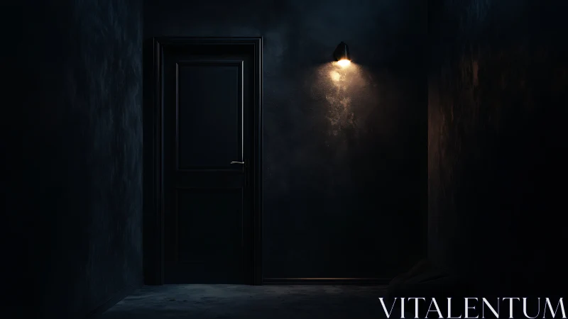 Dark hallway door under single moody wall sconce light.