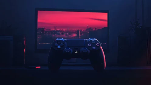 DualShock controller before neon city gaming monitor at dusk