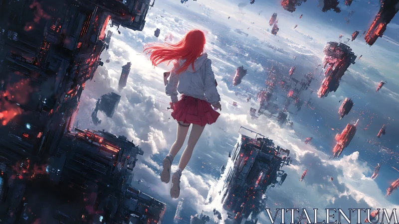Girl drifting amid floating cyber structures above clouds
