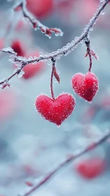Frozen Heart-Shaped Berries on Frosted Branch.