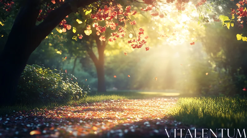 Sunlit garden path glows beneath drifting cherry petals