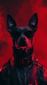 Cool black dog in leather jacket and sunglasses portrait.
