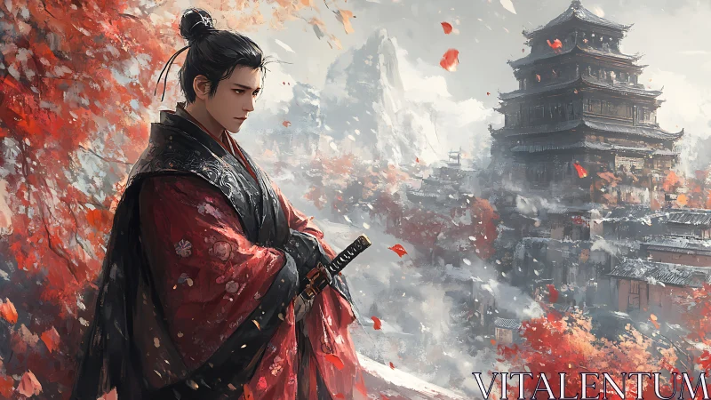 Samurai in red kimono before mountain temple in autumn.