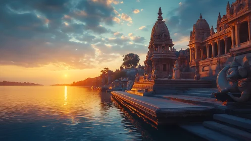 Golden sunset bathes riverside temple steps in tranquil light