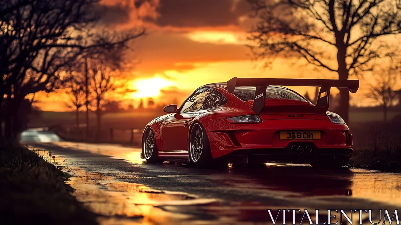 Red track-focused sports car on wet rural road at sunset.