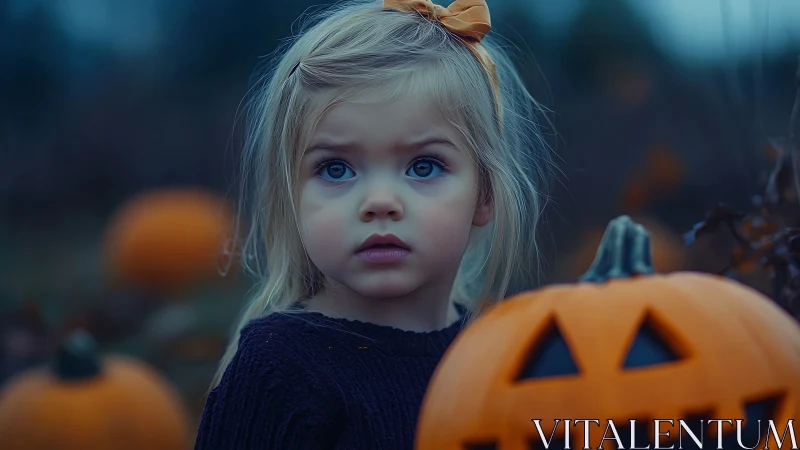 Young Girl with Blonde Hair in Halloween Scene.