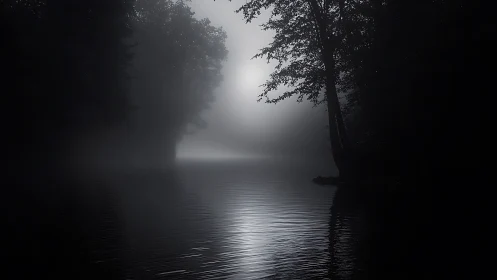 Dense fog partially obscures a tree lined lakeshore at dusk