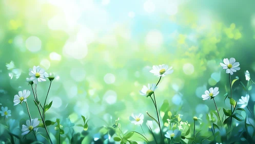Daisies glow in dreamy green bokeh and gentle morning light.
