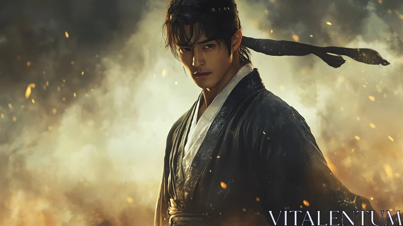 Martial warrior in ember storm with cinematic volumetric lighting.