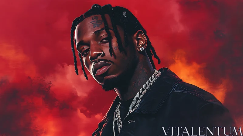 Digitally rendered portrait with high-contrast lighting and red vapor background