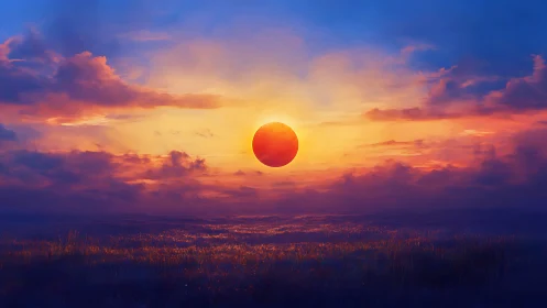 Low-horizon solar disk over twilight meadow and stratiform clouds