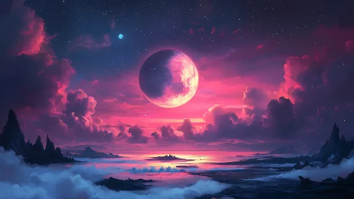 Neon moonrise over candy clouds on an alien shoreline.