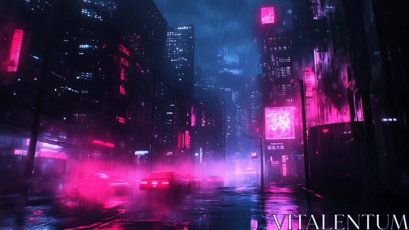 Neon-lit cyberpunk street glows through rain-soaked midnight haze