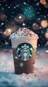 Starbucks holiday latte stands in falling snow bokeh light