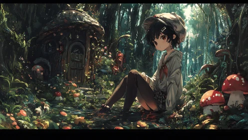 Girl rests in luminous mushroom forest beside tiny cottage
