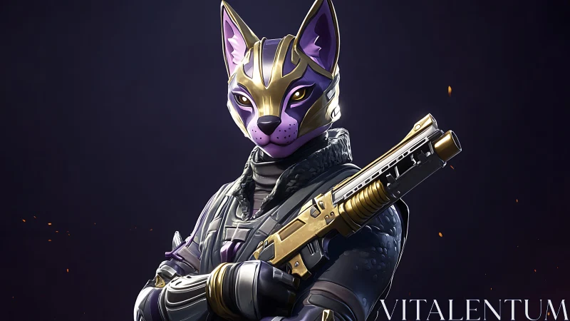 Anthropomorphic cyber-jackal operative in tactical armor holds rifle