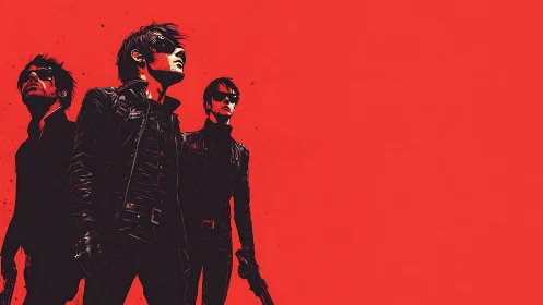 Leather-clad trio stand against stark red backdrop in profile.