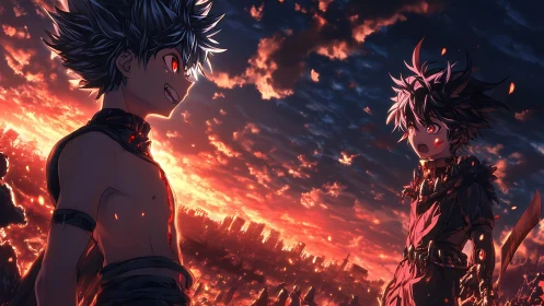 Two anime boys face off over burning red sunset cityscape.