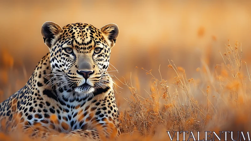 Leopard rests in golden savanna grass under warm light.