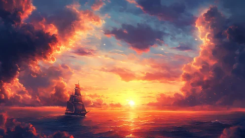 Sunbound tall ship glides through a storm-painted twilight sea.