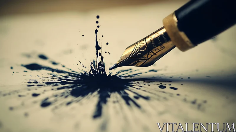 Fountain pen nib contacting paper with radial ink splatter.