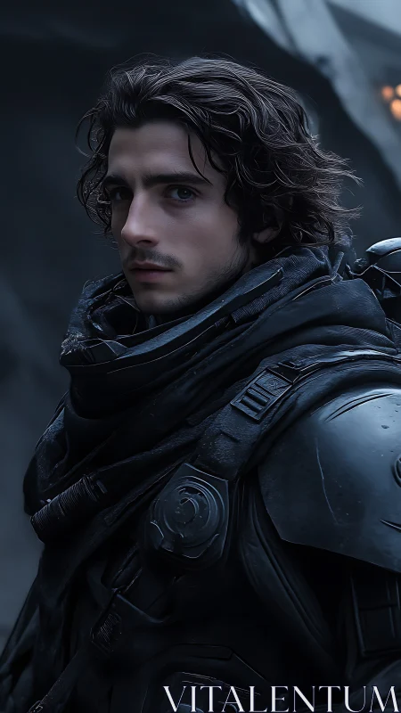 Armored subject in matte black tactical suit under cold rim lighting