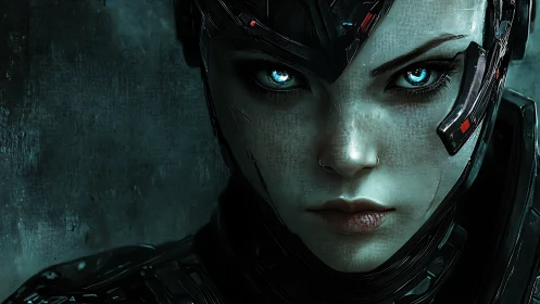 Cybernetic warrior portrait with glowing blue eyes.
