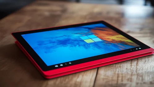 Red Tablet Device Displaying Windows 10 Desktop Interface.