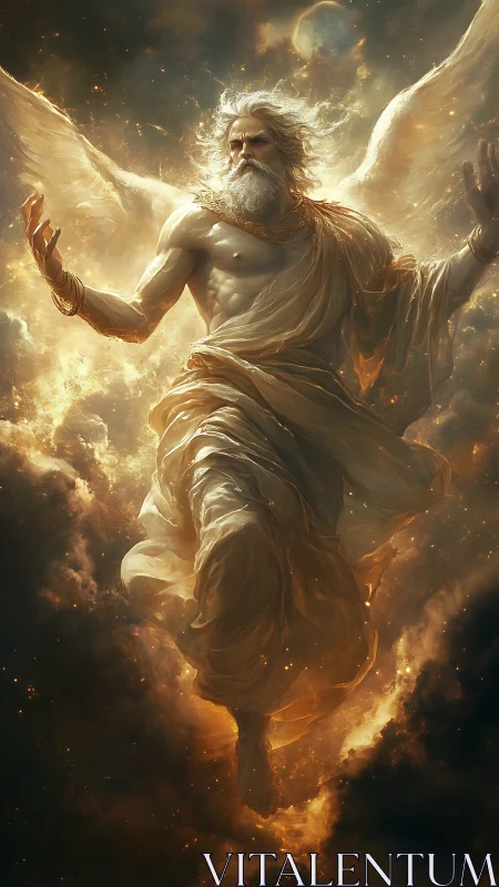 Majestic winged elder deity rising through glowing clouds.