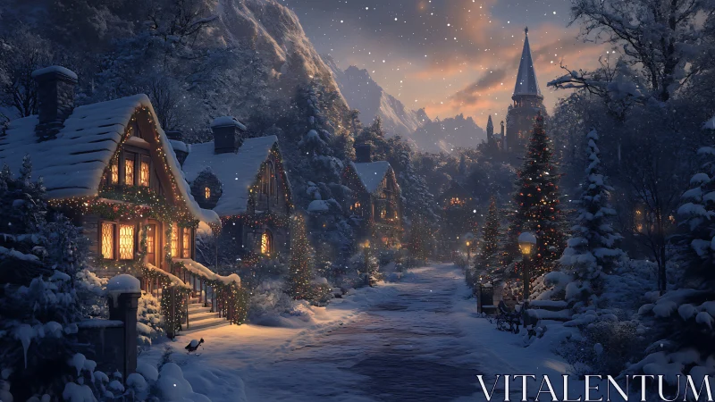 Cozy winter village street glowing with holiday warmth.