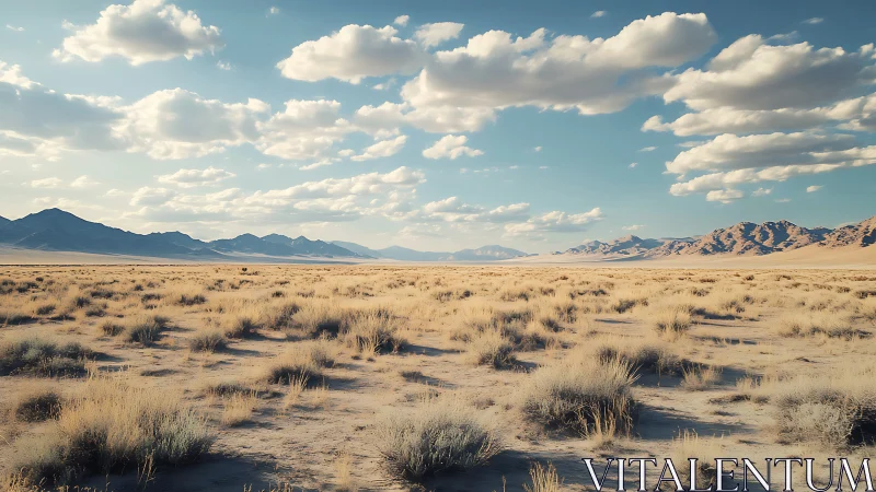 Sunlit desert basin with sparse grass under dynamic clouds.