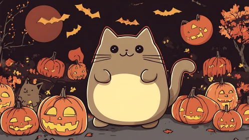 Volumetric Feline Character Amid Carved Pumpkin Assemblage.