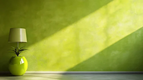 Minimalist lime interior with lamp, plant and bold light band.