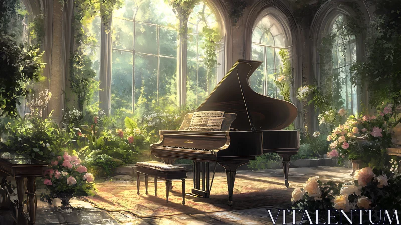 Grand piano in sunlit conservatory with lush botanical garden.